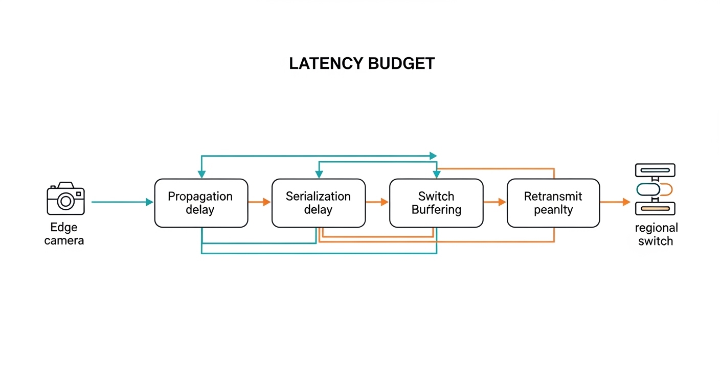 Clean vector illustration showing a latency budget diagram: boxes labeled propagation delay, serialization delay, FEC process