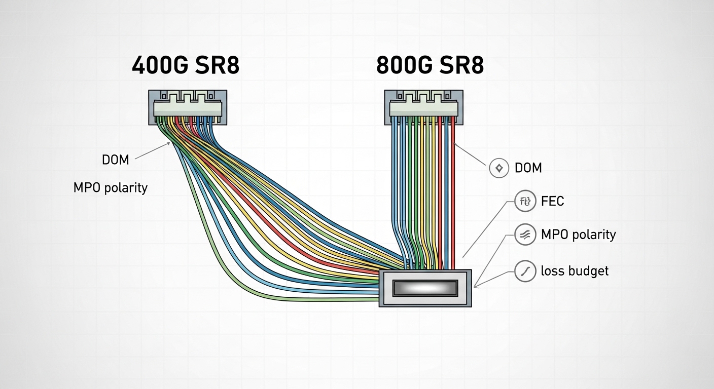 Clean-room style illustration, flat vector concept art. Show a fiber link diagram with two panels labeled “400G SR8” and “800