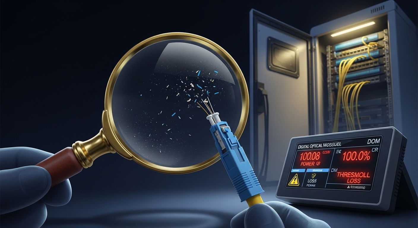 Concept art style showing a “fiber detective” theme: a magnifying glass revealing dust particles on an LC connector, a small 