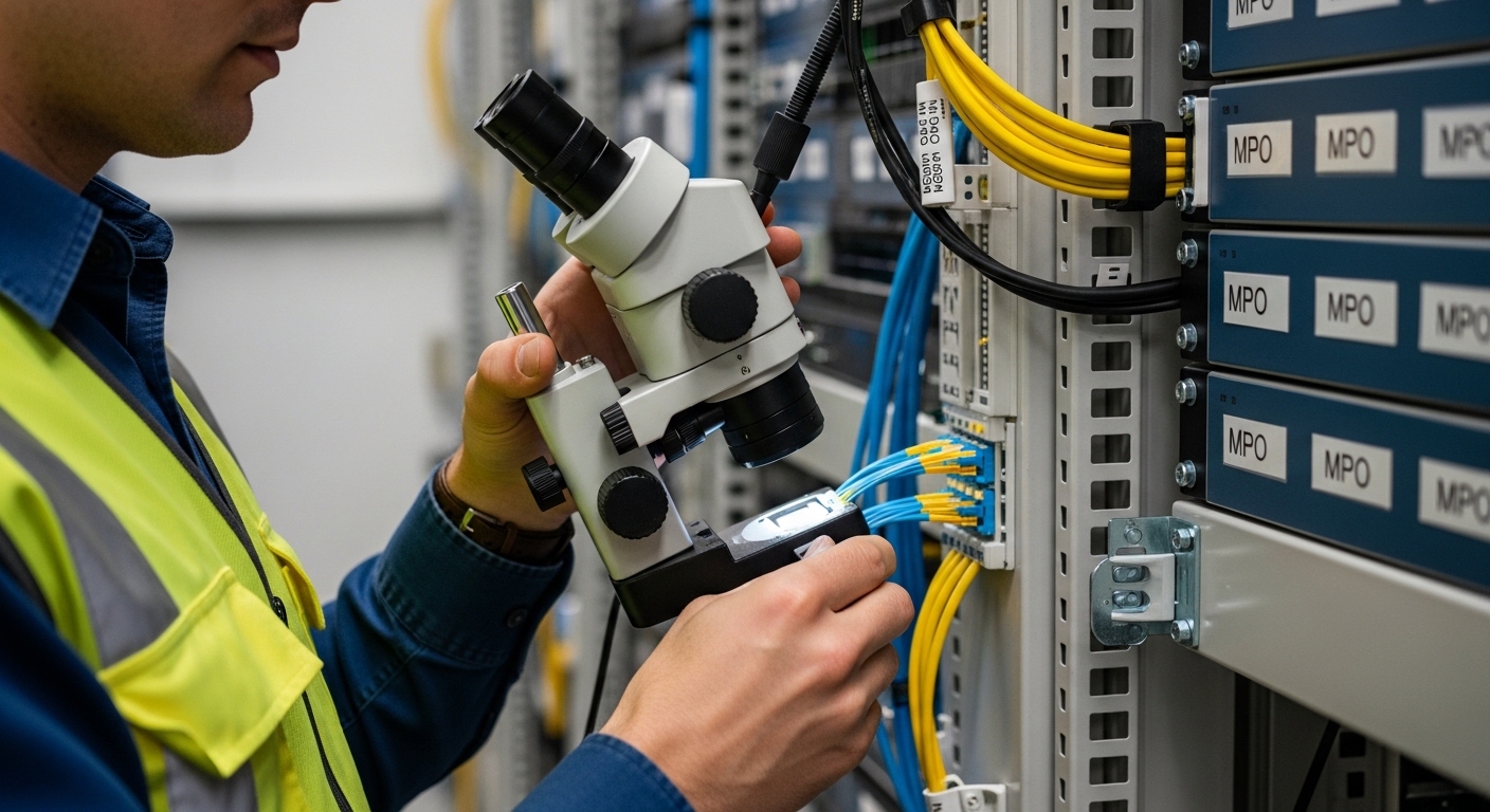 Lifestyle documentary photo. A data center field engineer in high-visibility vest uses a fiber inspection microscope at a pat