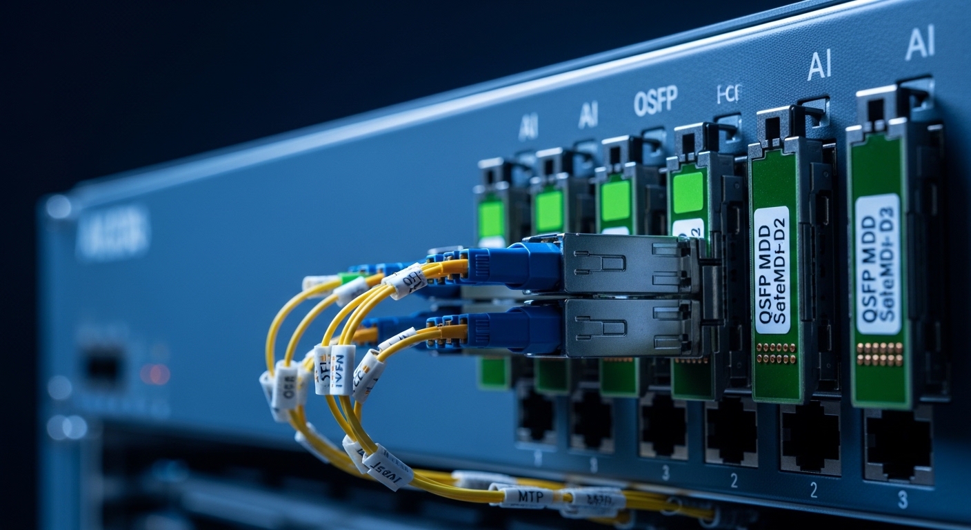 Ultra-realistic studio photography of a rack-mounted AI switch with OSFP and QSFP-DD optical modules inserted; close-up on MP