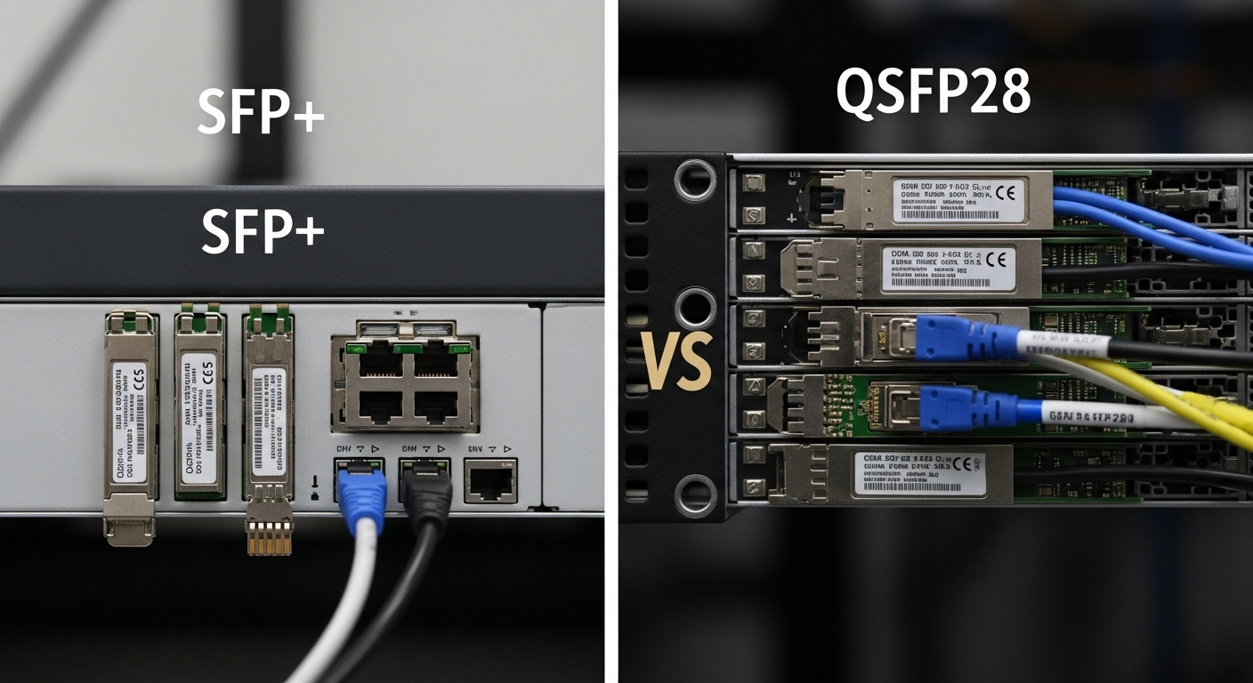 Documentary-style photo of SFP+ vs QSFP28, Choosing Between SFP+ and QSFP28 for High-Speed AI Frameworks, natural lighting, a