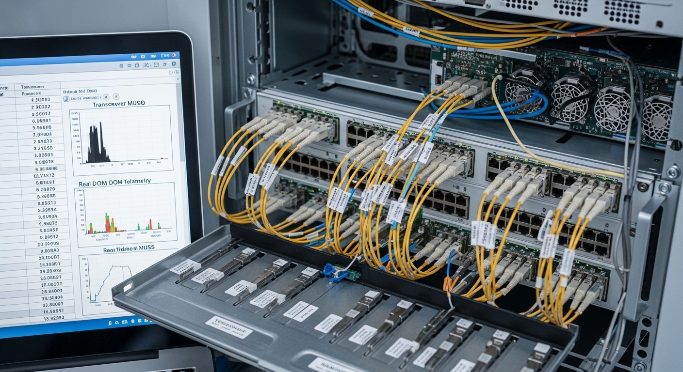 Photorealistic close-up of a rack-mounted leaf-spine switch with open front panel, technician label stickers on fiber patch c
