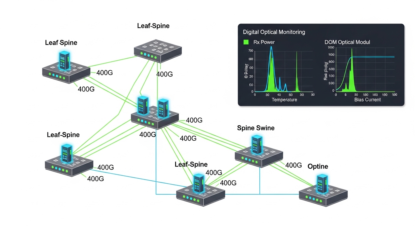 Conceptual illustration showing a leaf-spine network diagram with highlighted optical module icons along 400G links; overlay 