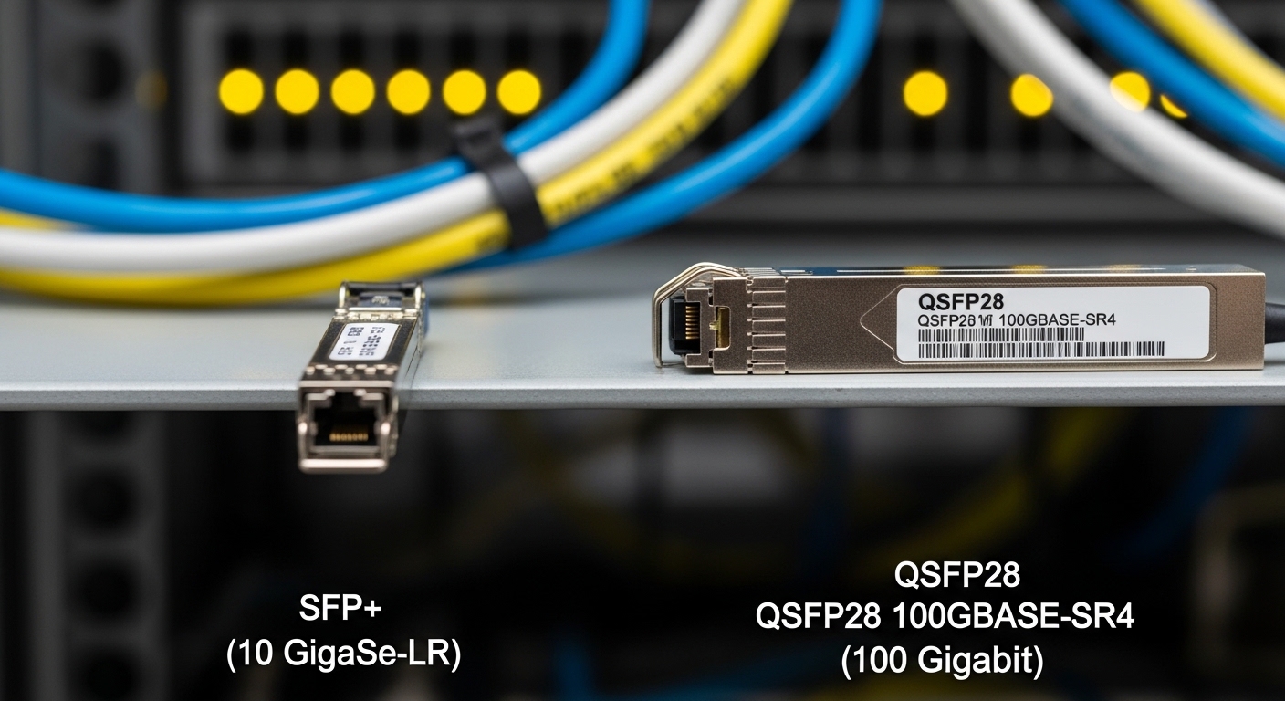 Documentary-style photo of SFP+ vs QSFP28, Choosing Between SFP+ and QSFP28 for High-Speed AI Frameworks, natural lighting, a