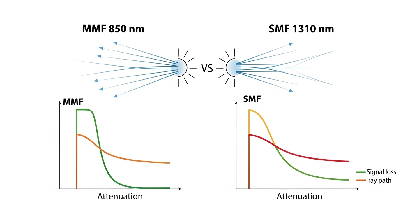 Clean technical illustration comparing two fiber optic lanes labeled “MMF 850 nm” and “SMF 1310 nm,” simplified optical power