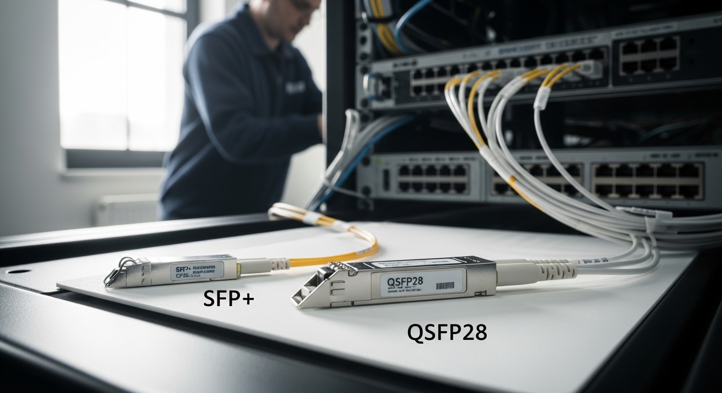 Documentary-style photo of SFP+ vs QSFP28, Choosing Between SFP+ and QSFP28 for High-Speed AI Frameworks, natural lighting, a