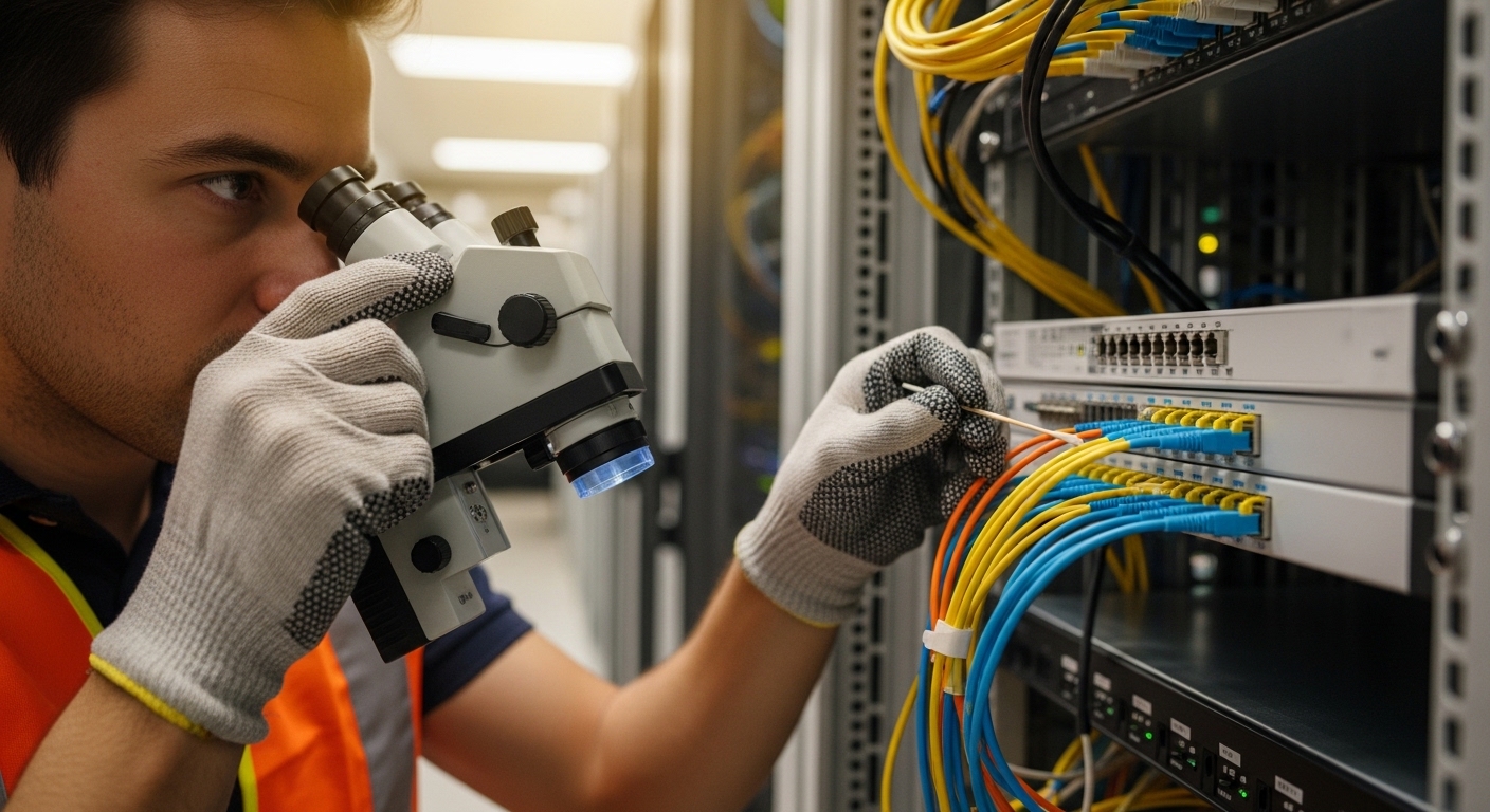 Lifestyle scene of a network maintenance technician using a fiber inspection microscope and cleaning swabs at an LC duplex pa