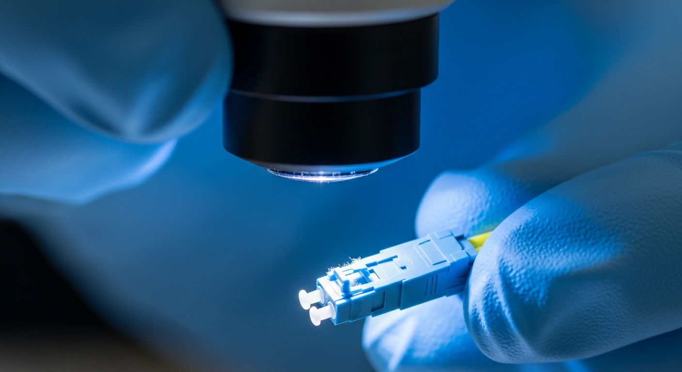 A macro photography shot of a technician in a data center wearing ESD gloves inspecting an LC duplex fiber connector with a h