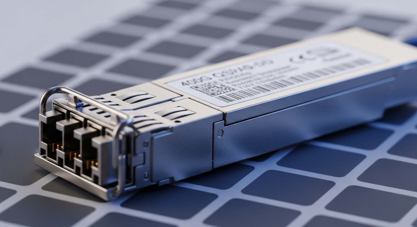 Macro photography of a 400G QSFP-DD optical transceiver module on an anti-static mat, close-up of the label and fiber connect
