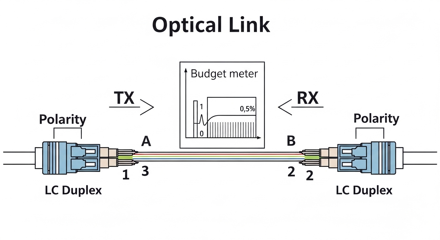 Clean vector illustration showing an optical link diagram with TX/RX arrows, LC duplex connectors, polarity labels, and a bud