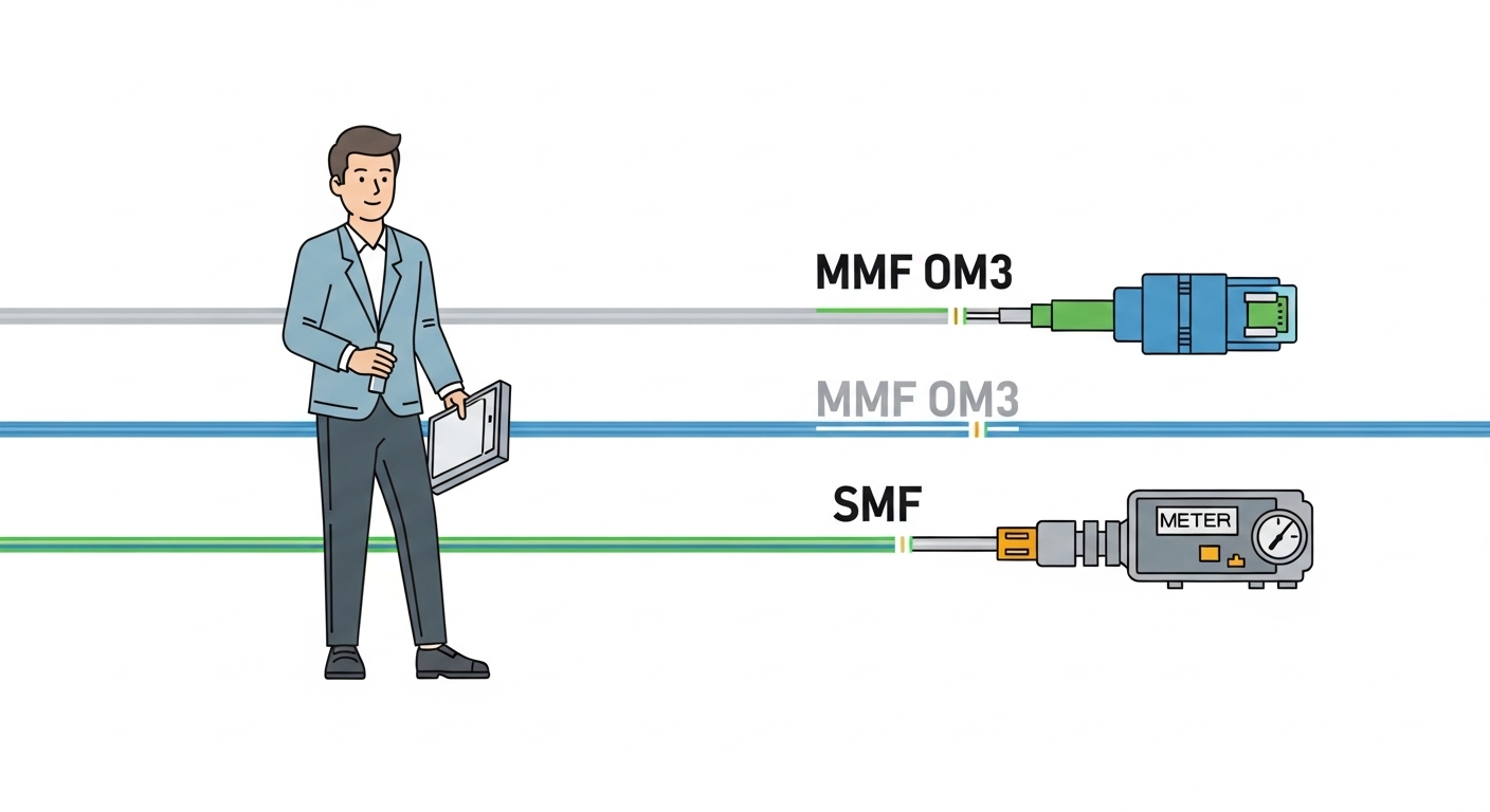 Clean technical illustration of an IoT edge network fiber budget: a diagram with three layers (sensor zone, gateway rack, agg