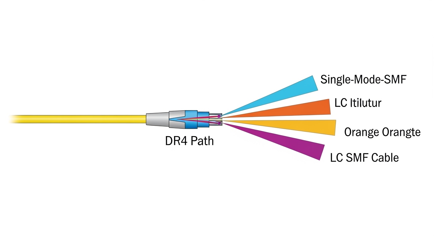 Clean engineering illustration showing three stacked optical paths labeled SR4, DR4, FR4 with distinct fiber types (OM5 ribbo