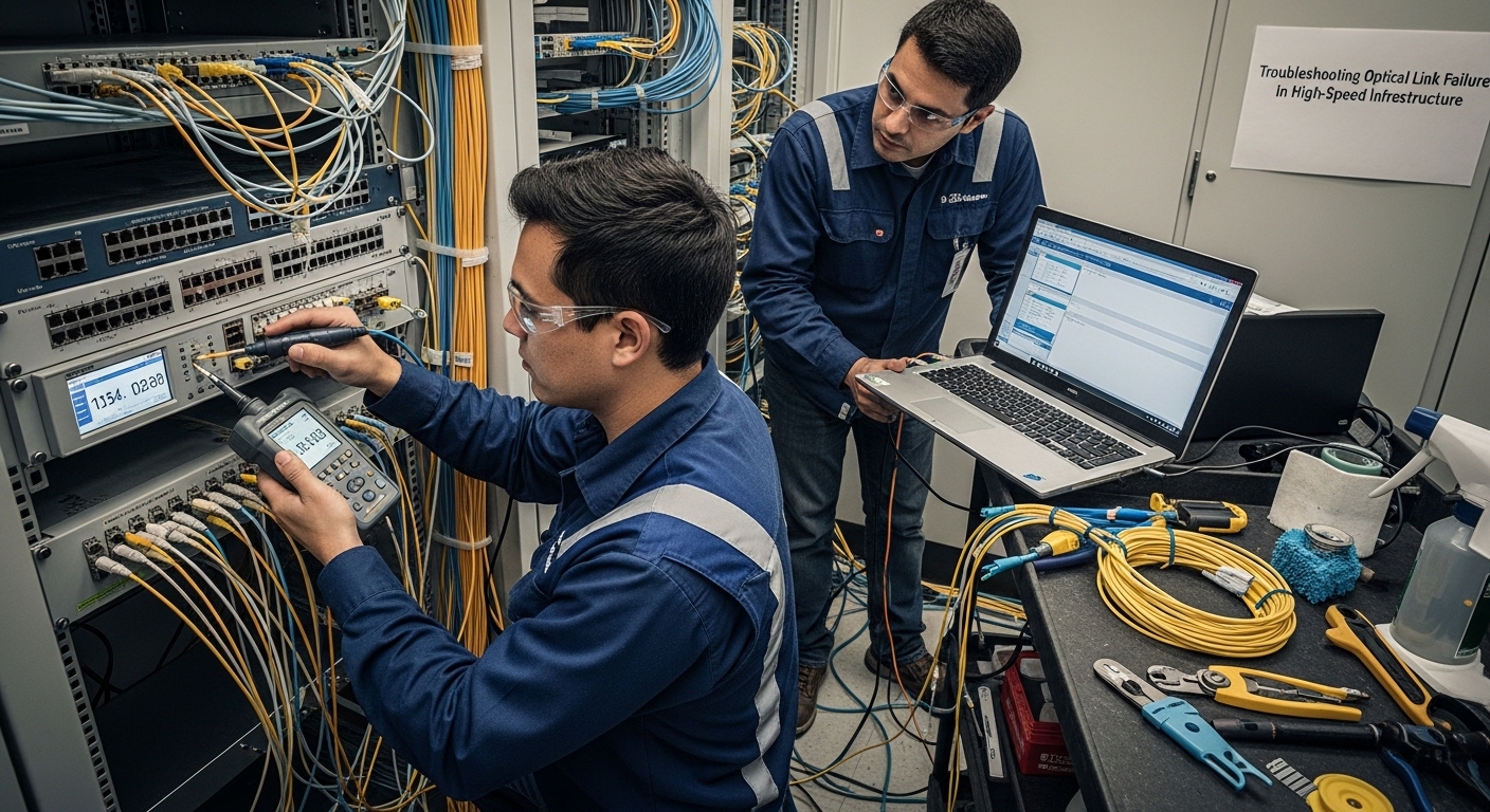 Documentary-style photo of optical troubleshooting, Troubleshooting Optical Link Failures in High-Speed Infrastructure, natur