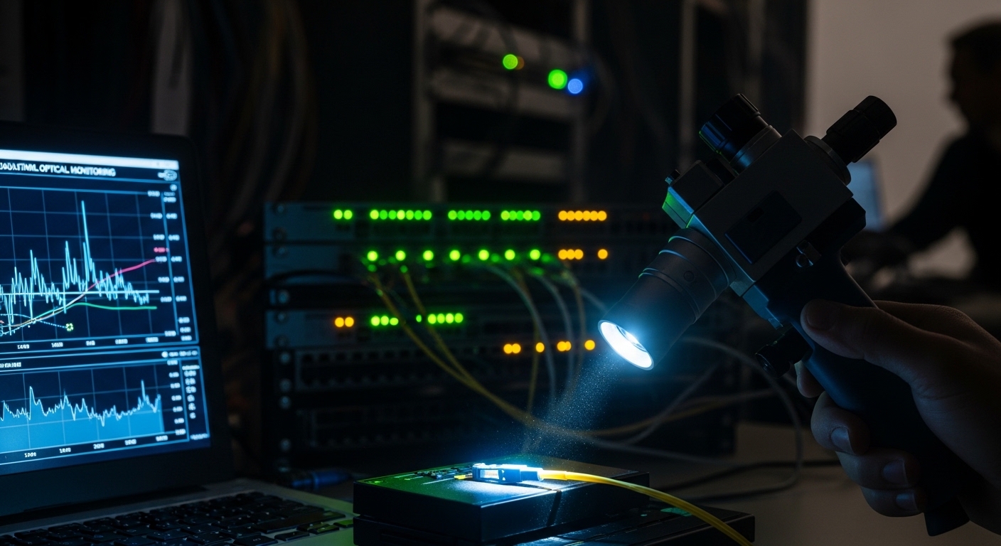 Moody lifestyle scene in a dim industrial control room: glowing status LEDs on a network switch, a handheld fiber inspection 