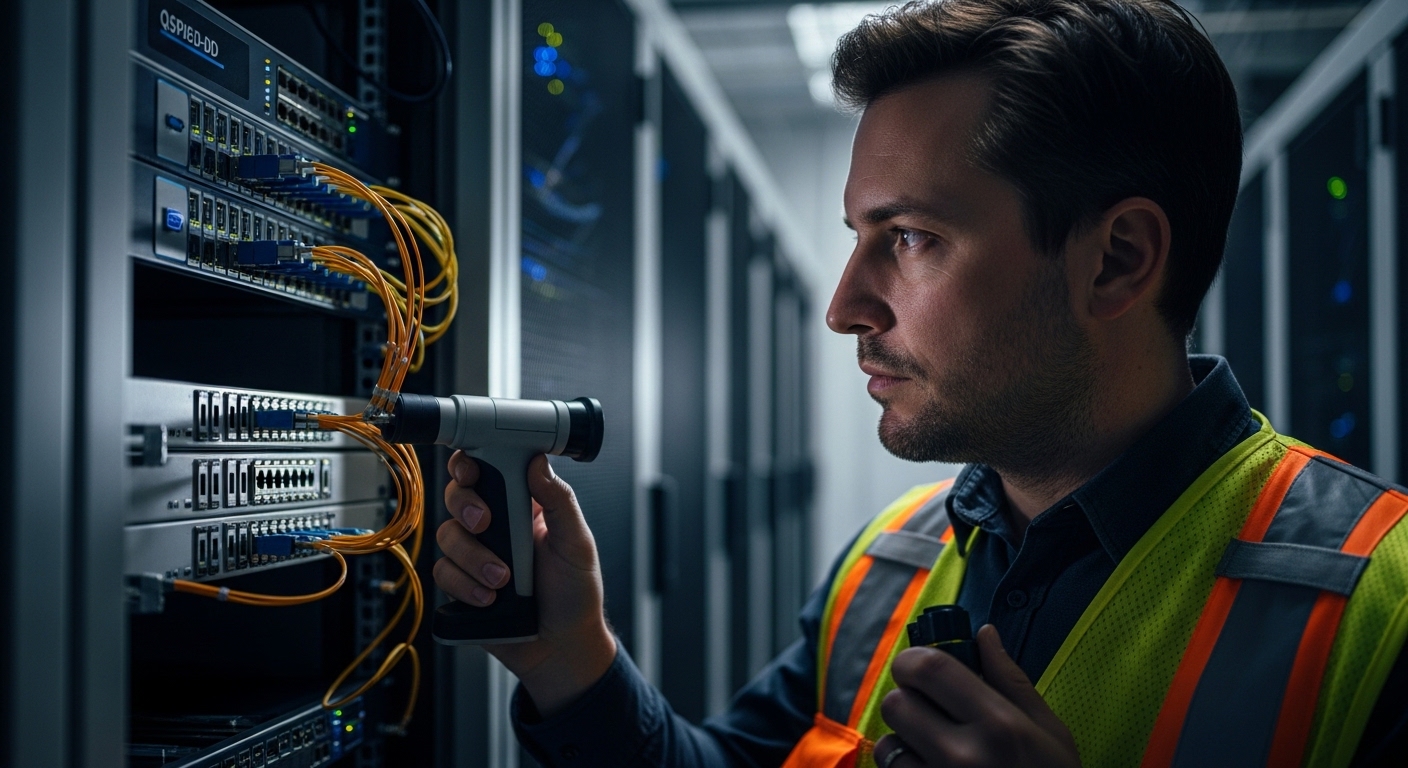 Photojournalistic lifestyle scene inside a data center aisle: a field engineer in safety vest holding a fiber inspection scop