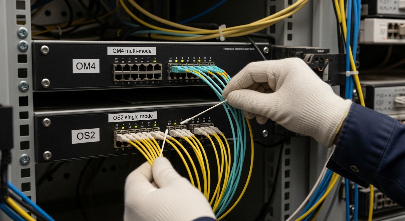 A photorealistic scene inside a small enterprise wiring closet, showing two fiber patch panels labeled “OM4 multi-mode” and “