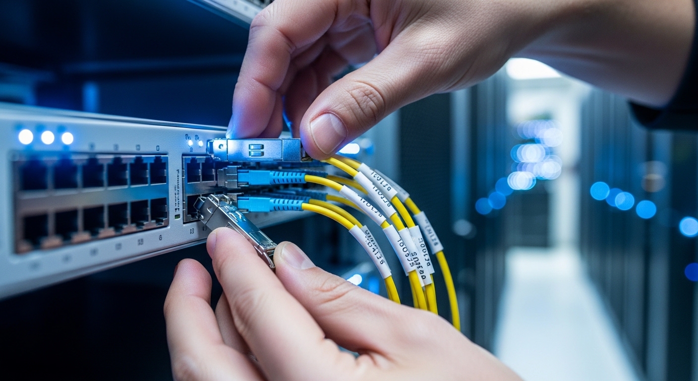 Ultra-realistic workplace photography showing a data center aisle at dusk; close-up of a field technician installing 10G SFP+