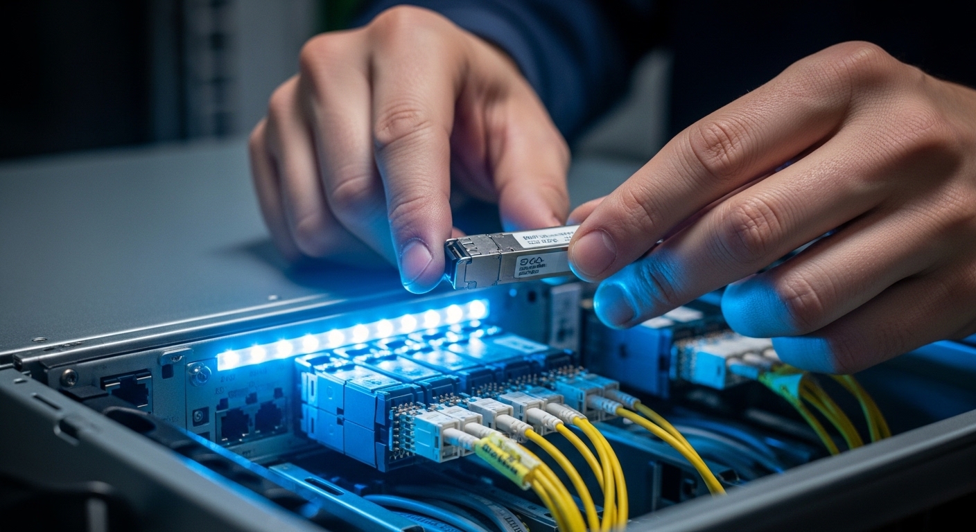 Ultra-realistic photography of a network operations center, close-up of a technician holding an 800G pluggable optical transc
