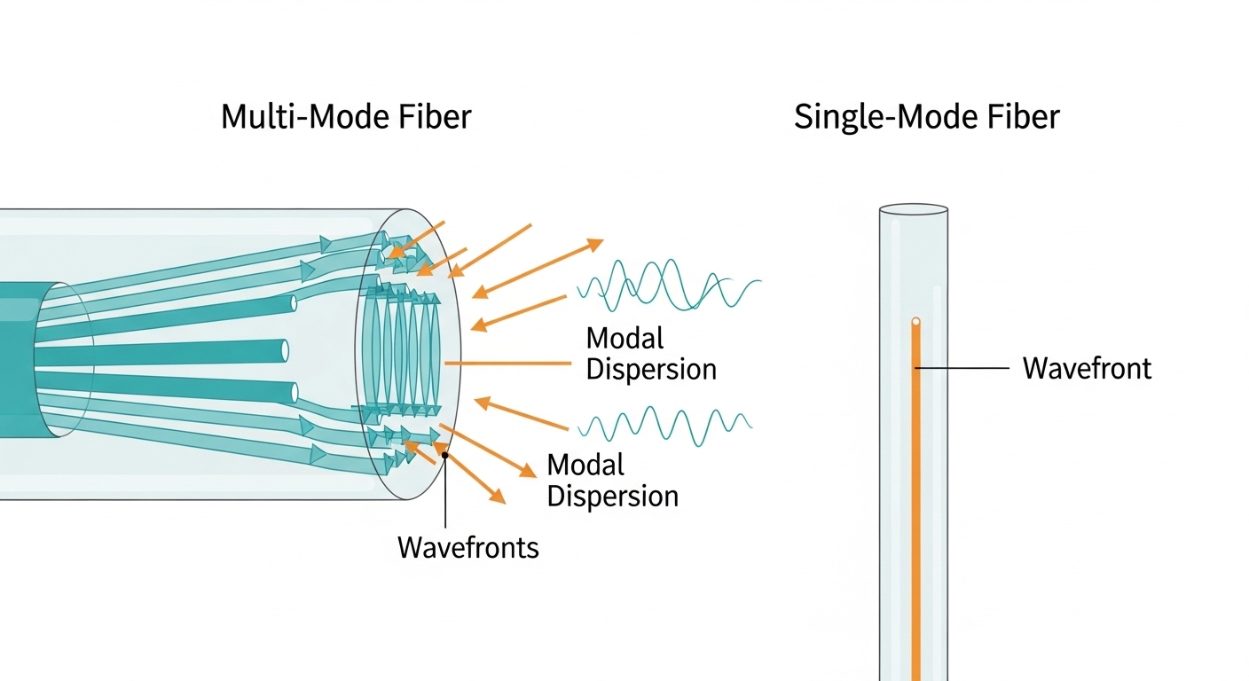 Minimalist vector illustration showing two light beams traveling through “multi-mode” and “single-mode” fiber tubes, with lab