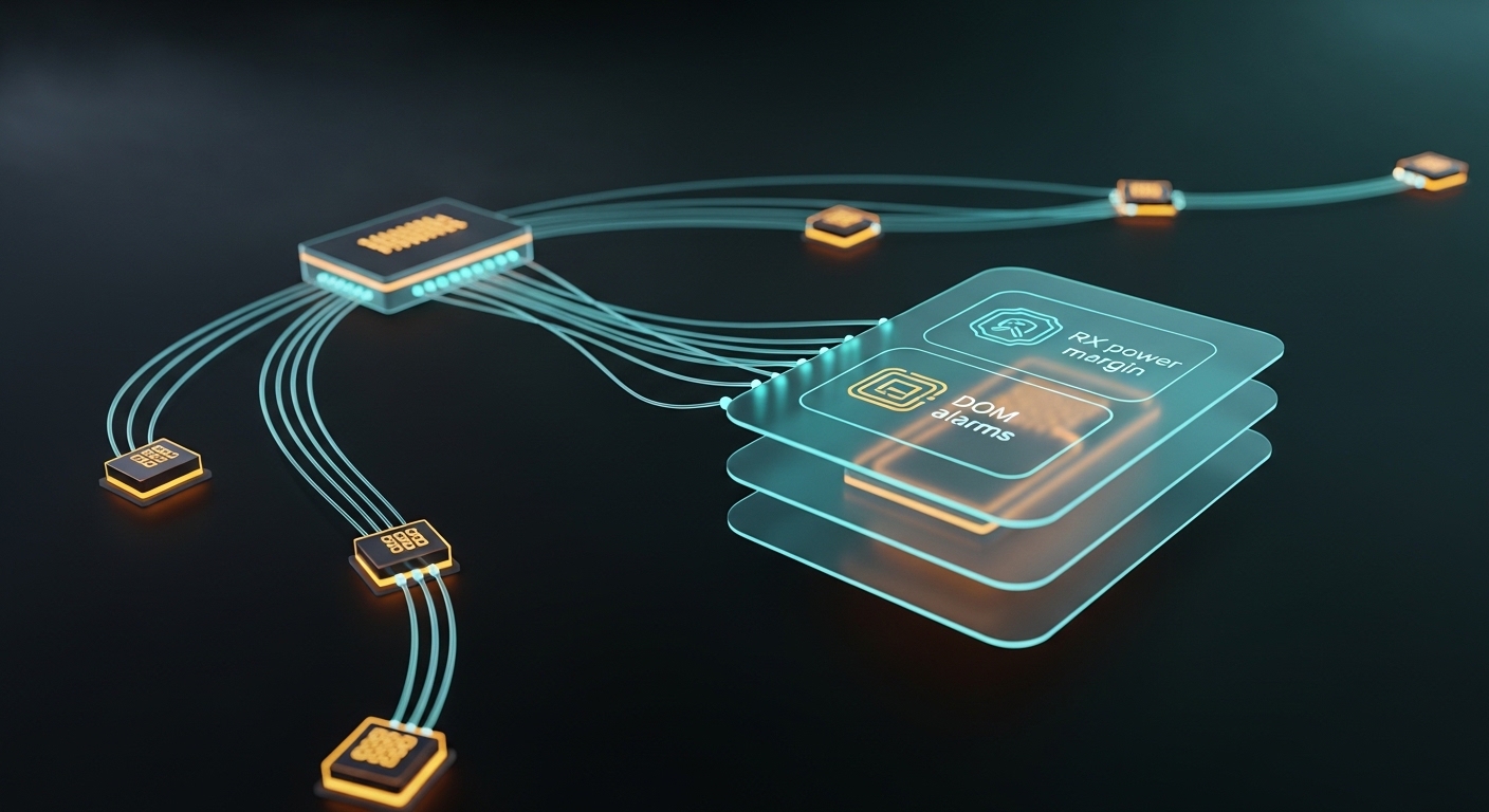Concept art illustration showing a simplified edge network diagram as floating layers; translucent fiber optic strands connec