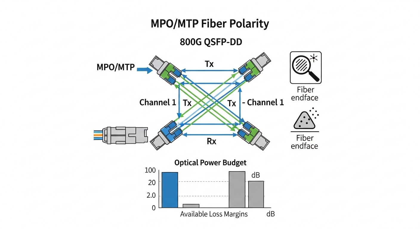 Clean technical illustration of an MPO/MTP fiber polarity diagram for an 800G QSFP-DD transceiver, with labeled arrows showin