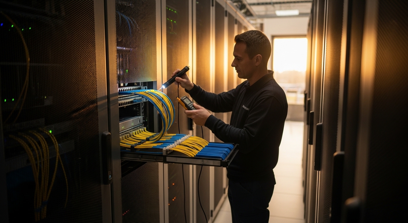 Photographic lifestyle scene on a data center floor at golden-hour lighting, showing a row of network racks with visible fibe