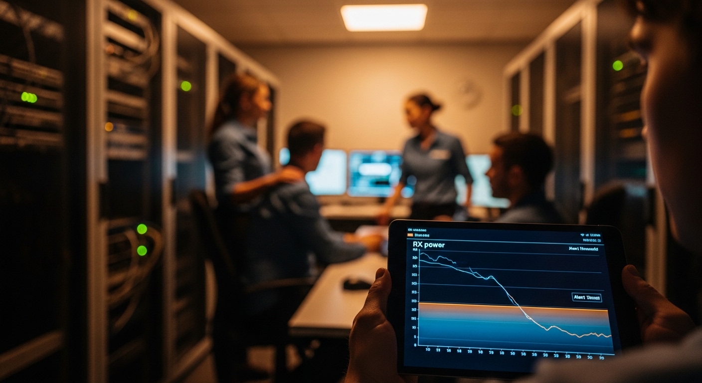 Lifestyle scene photographed indoors: a small team in a remote operations center monitors edge racks; on a tablet screen, a g