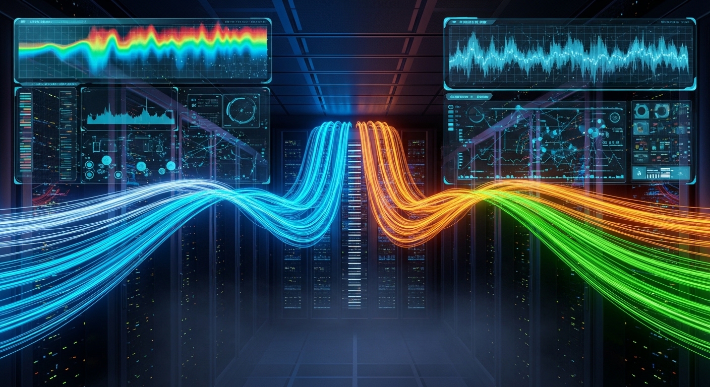 Concept art rendering of a future-ready data center corridor, glowing fiber pathways flowing into a modular spine-leaf rack, 