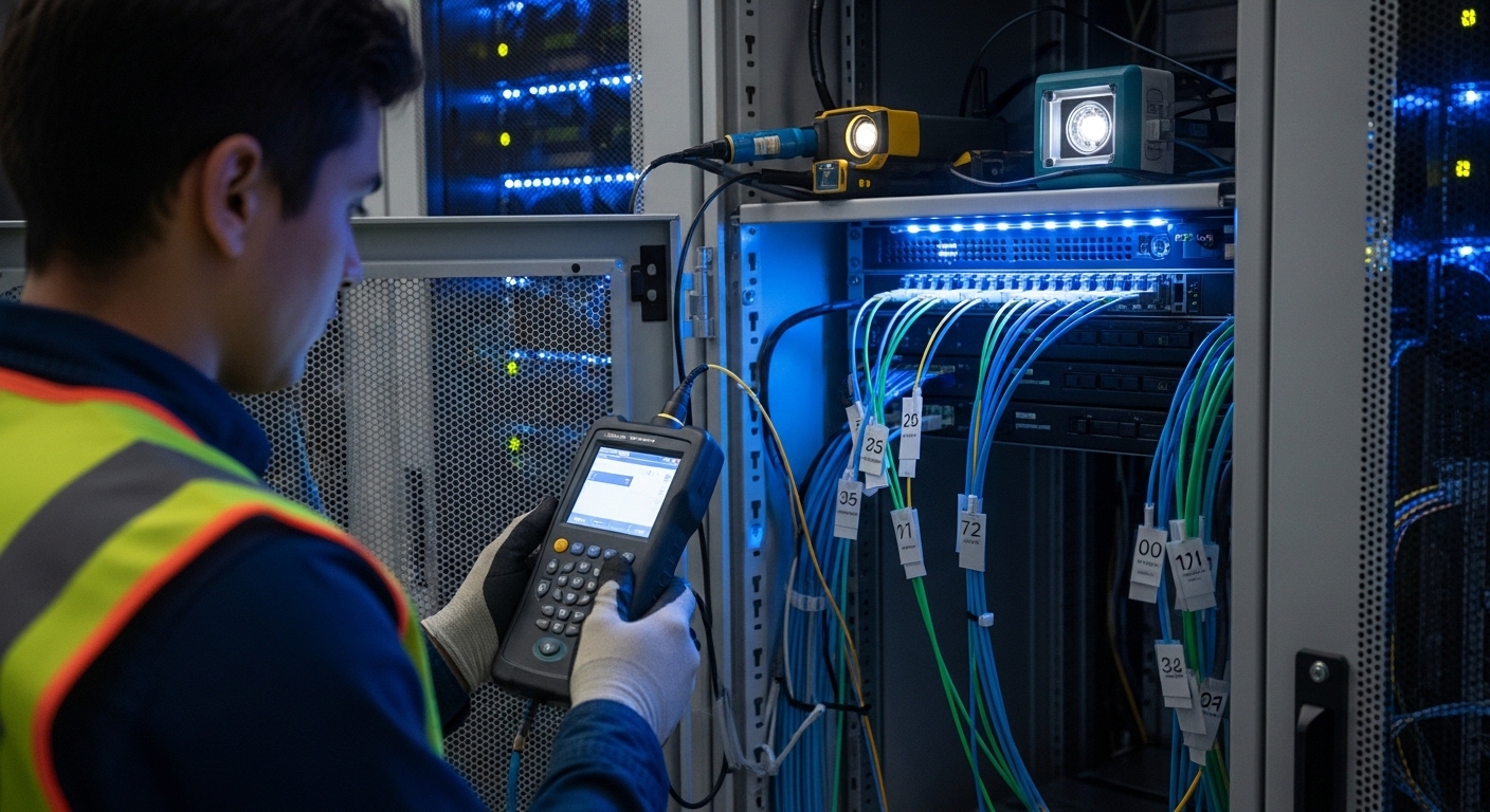 Photorealistic scene inside a data center row, a field engineer in safety vest using an OTDR and fiber light source at a rack
