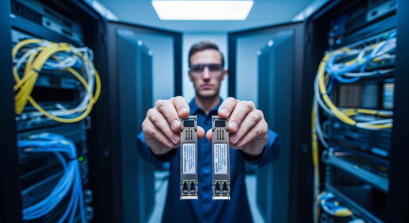 Wide-angle documentary photography of a field engineer in a server room holding two fiber optic transceiver modules with labe