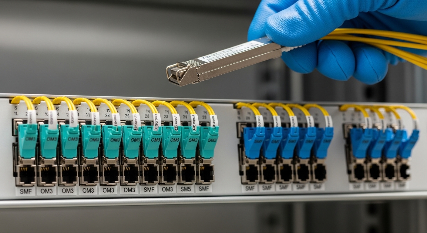 A close-up photography scene of a fiber patch panel with LC connectors labeled OM3 and SMF, an SFP+ transceiver held in glove