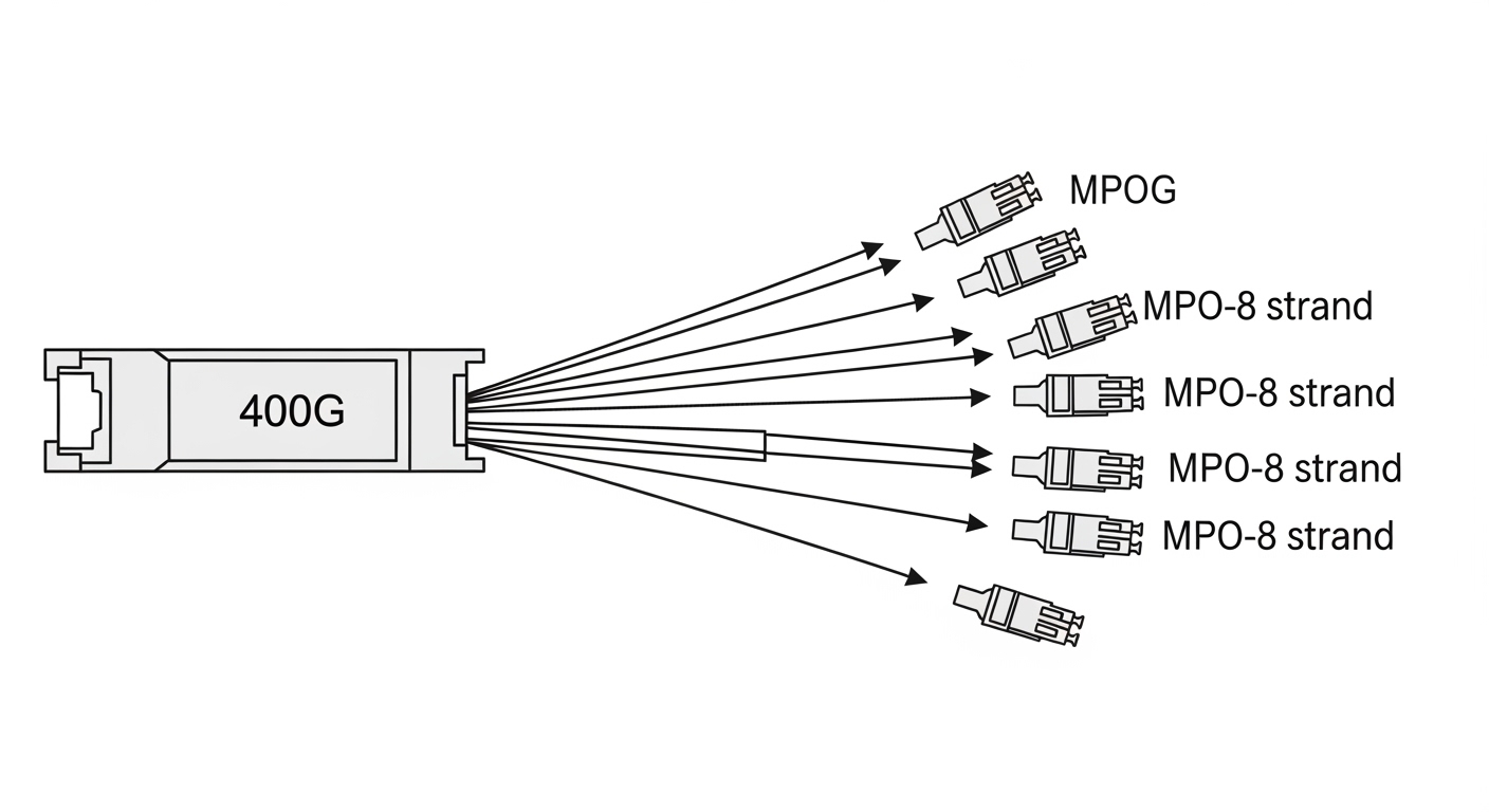 Clean vector illustration showing a 400G transceiver interface breaking into eight lanes, each lane mapped to MPO-8 fiber str