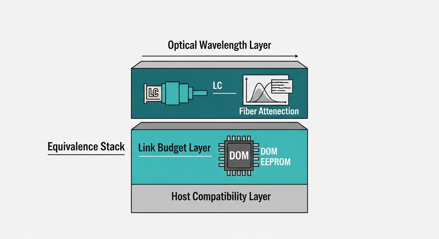 Clean vector-style illustration showing a three-layer “equivalence stack” diagram: optical wavelength layer, link budget laye