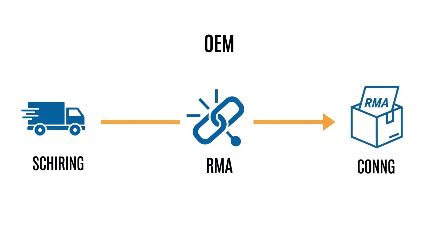 Concept art illustration of two supply chain paths labeled OEM and Third-Party, with icons for shipping truck, RMA box, and a