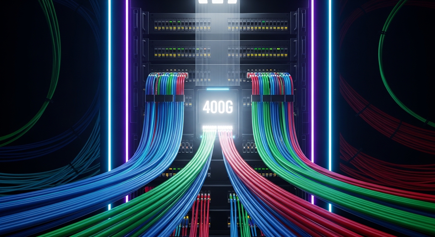 Concept art style scene of a futuristic fiber rack, showing layered patch panels and colorful lane bundles converging into a 