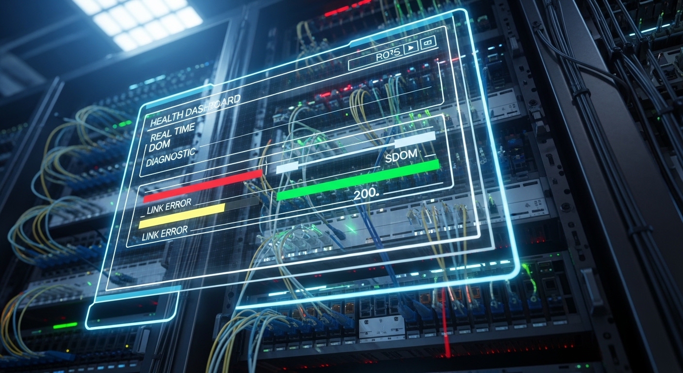 High-detail concept art scene of a network rack “health dashboard” hologram overlaying fiber patch panels, showing red-yellow