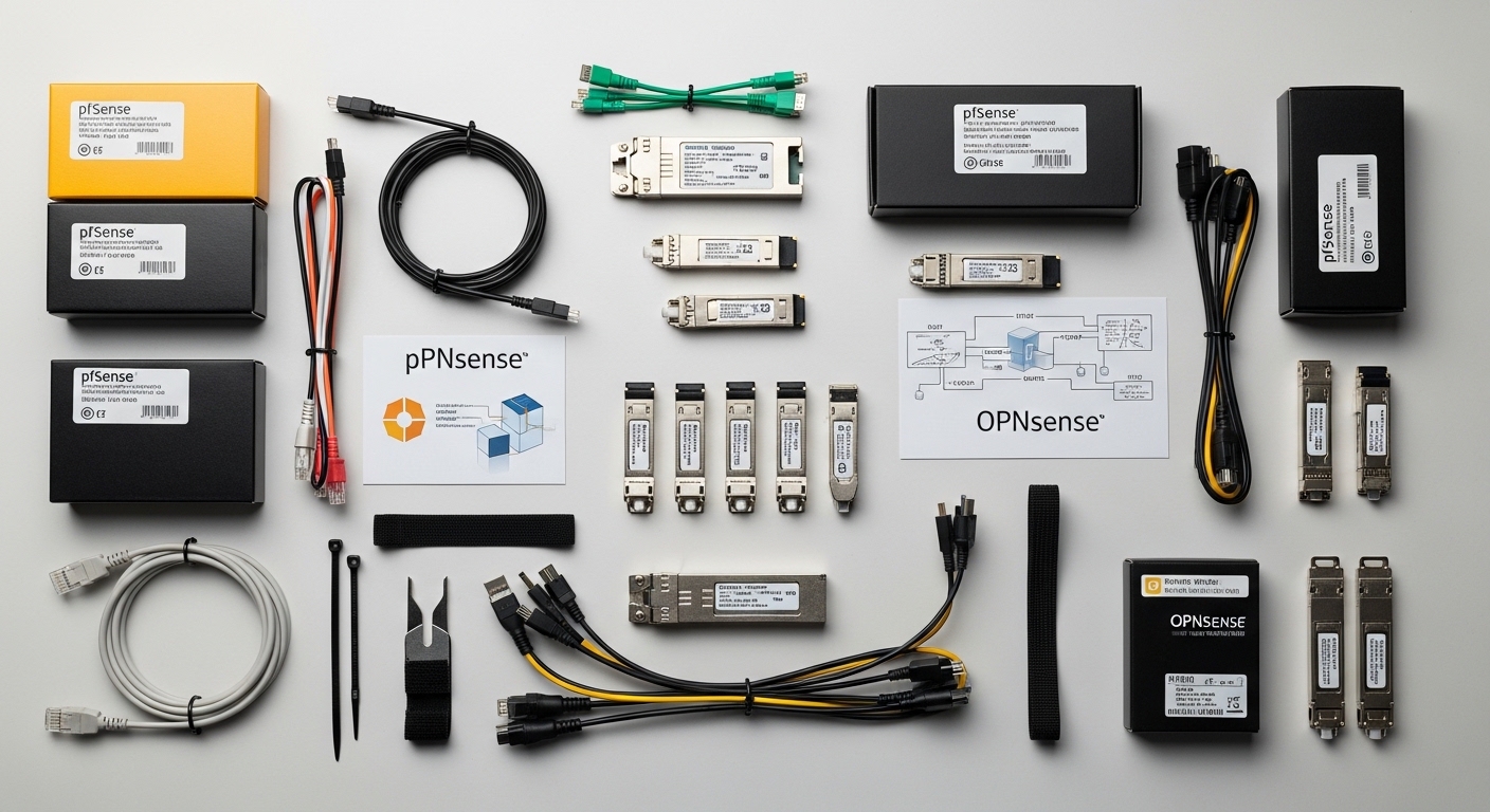Overhead flat-lay composition of pfSense optics, SFP for pfSense and OPNsense Firewalls, styled layout, soft diffused shadows