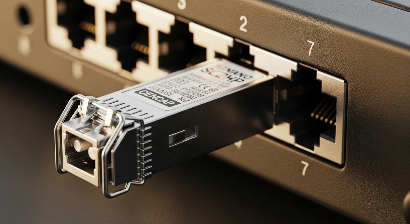 A macro, high-resolution photography scene of an SFP module inserted into a black prosumer switch port, showing the fiber con