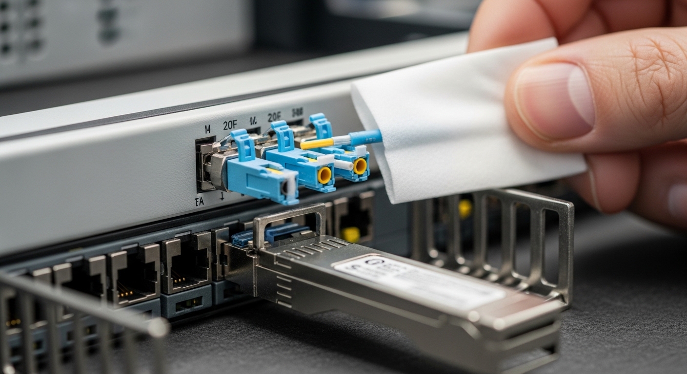 Close-up product photography of a fiber patch panel with two LC connectors being cleaned using a fiber cleaning wipe; an SFP 