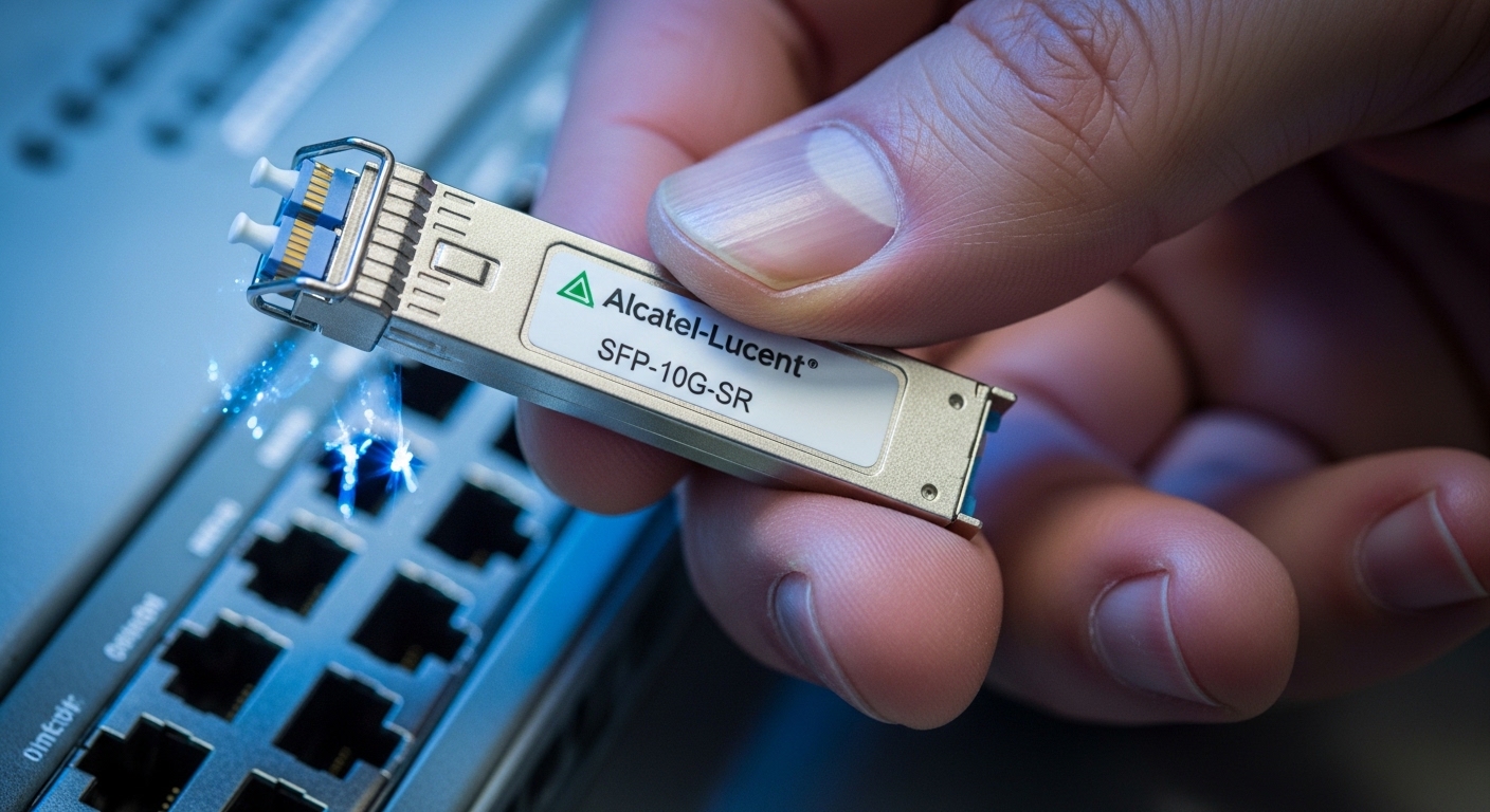 Close-up macro photography of a technician holding an Alcatel-Lucent SFP module over an OmniSwitch AOS switch port panel, sho