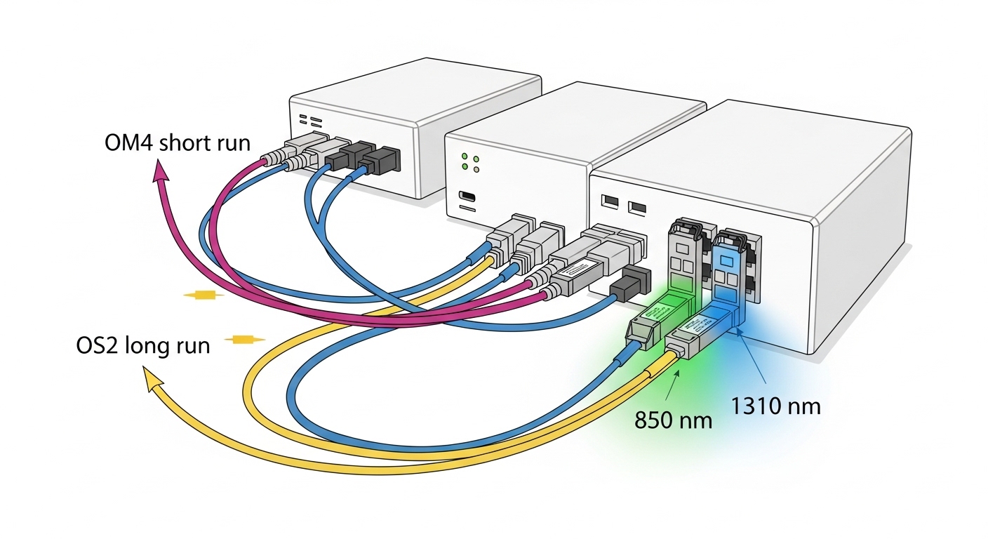 Illustration concept art showing a small home lab rack with labeled fiber runs (OM4 short run and OS2 long run), two SFP modu