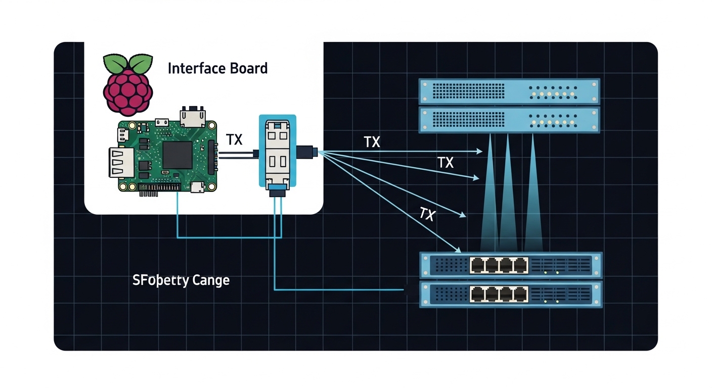 Vector illustration concept art of a Raspberry Pi connected to an SFP cage via an interface board, with fiber optic beams dra