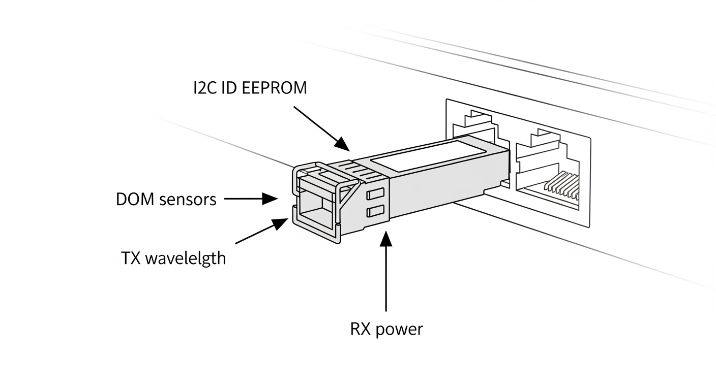 Minimalist vector illustration showing an SFP module connected to a switch port, with arrows to “I2C ID EEPROM,” “DOM sensors