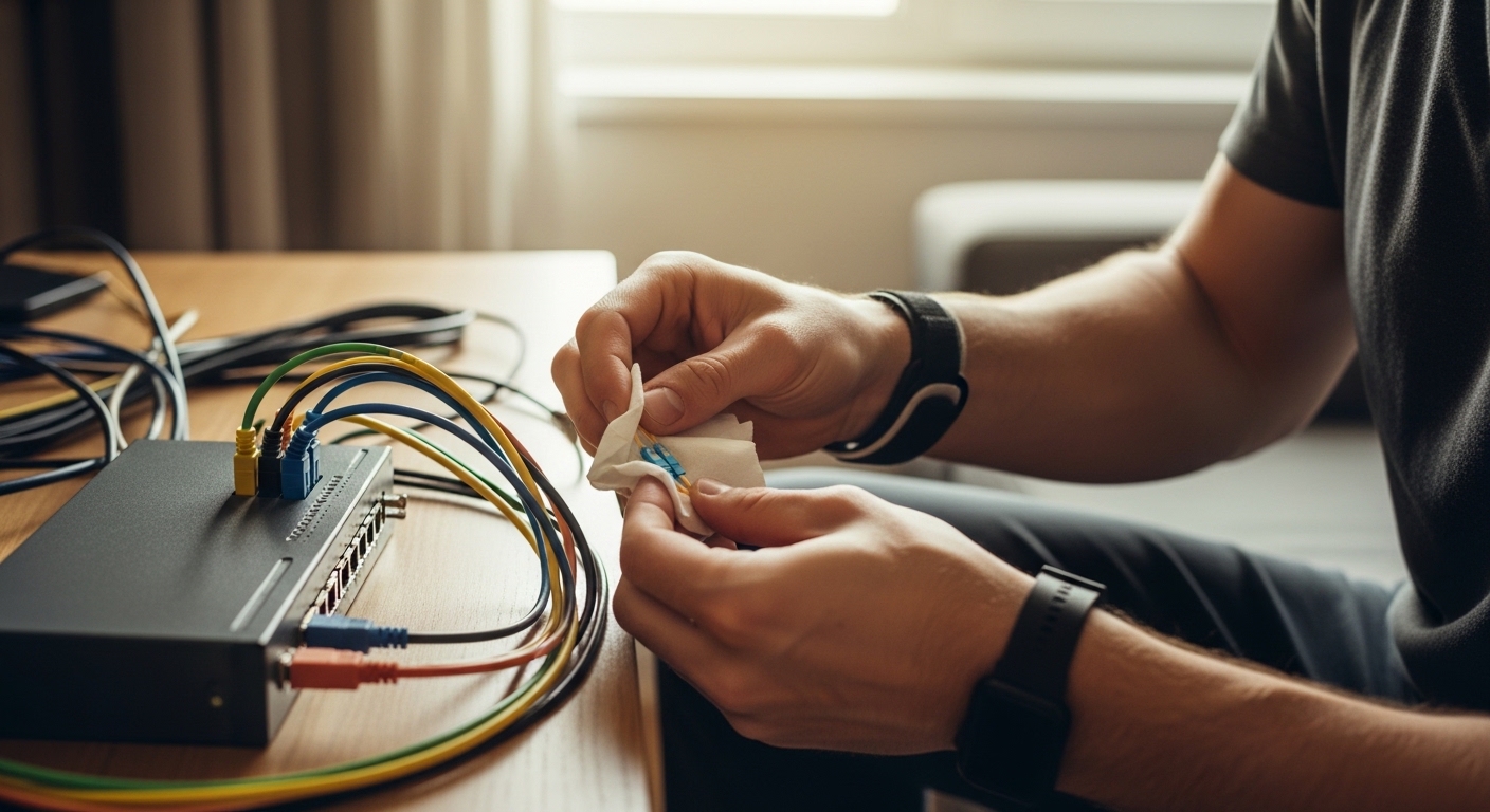 Warm lifestyle photo of a person seated at a home network bench, wearing a wrist strap, cleaning LC fiber connectors with a l