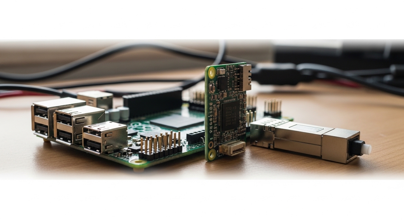 Documentary-style photo of Raspberry Pi optical, Optical Transceiver for Raspberry Pi and Single-Board Computers, natural lig