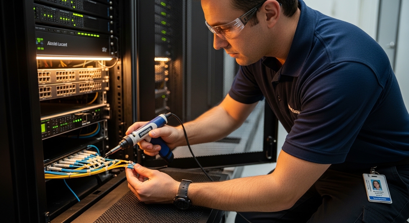 Photorealistic lifestyle-style scene of an on-site data center engineer kneeling beside an access panel, using a fiber inspec