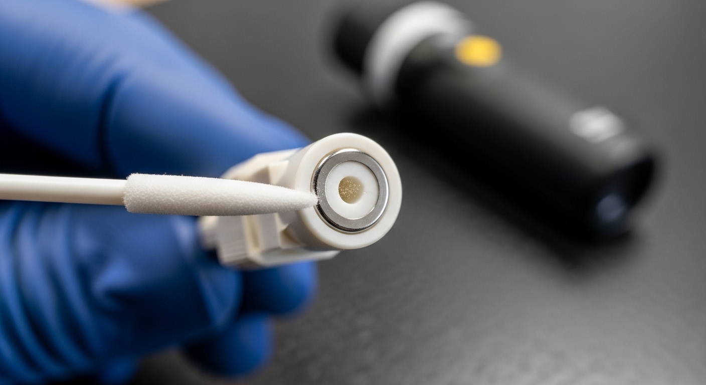 Macro photography of an LC connector endface on a dark workbench, gloved hands holding a fiber cleaning swab, a small digital