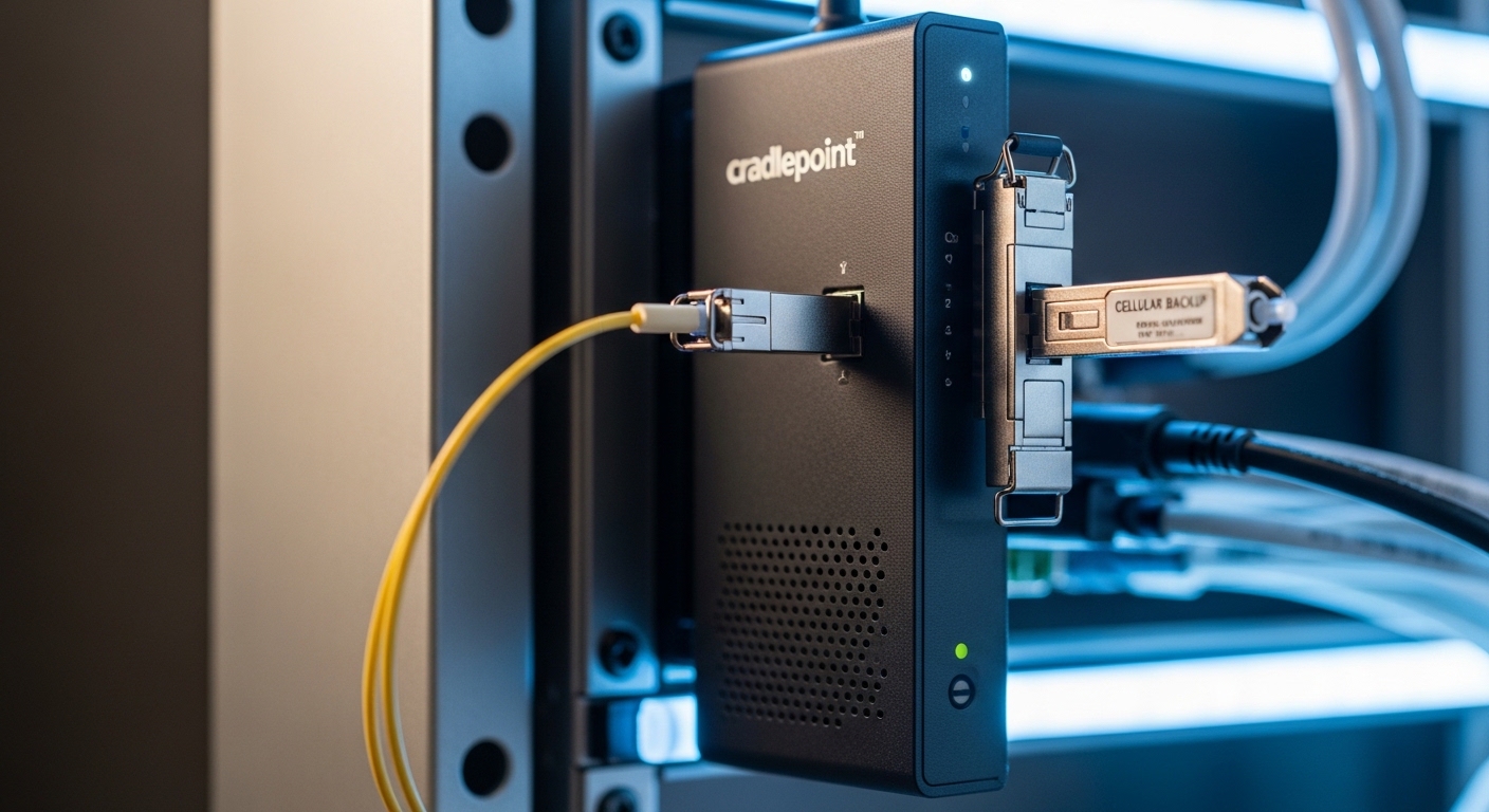 Close-up photography of a Cradlepoint router in a wall-mount rack, with a fiber transceiver plugged into an SFP cage and a se