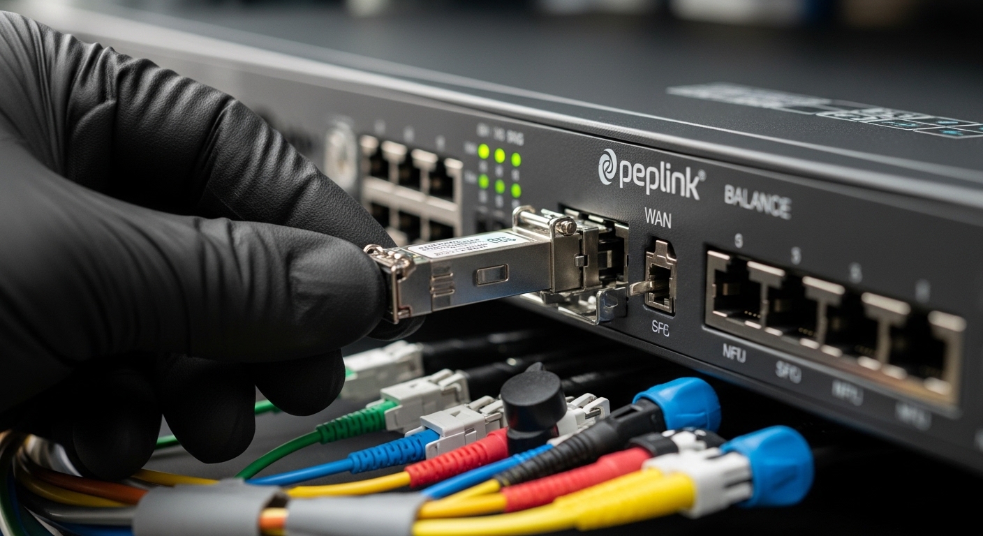 Ultra-realistic close-up photography of a Peplink Balance router front panel with a technician’s gloved hands inserting an SF